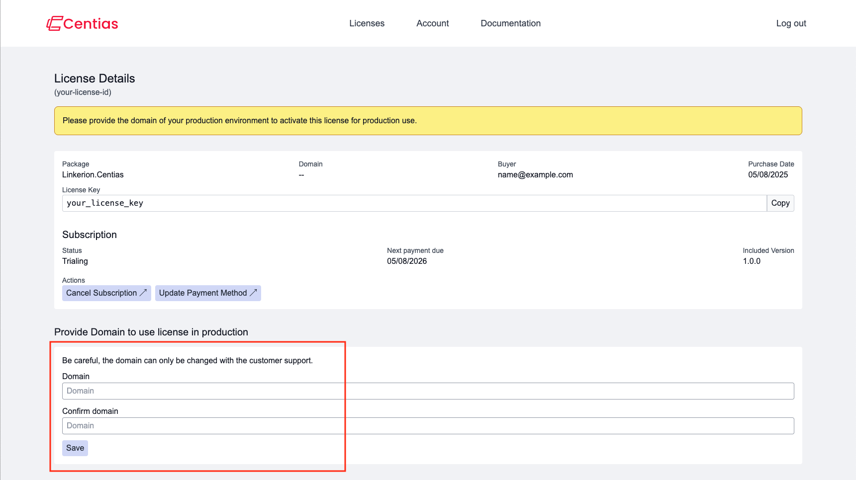 Details of your license without domain