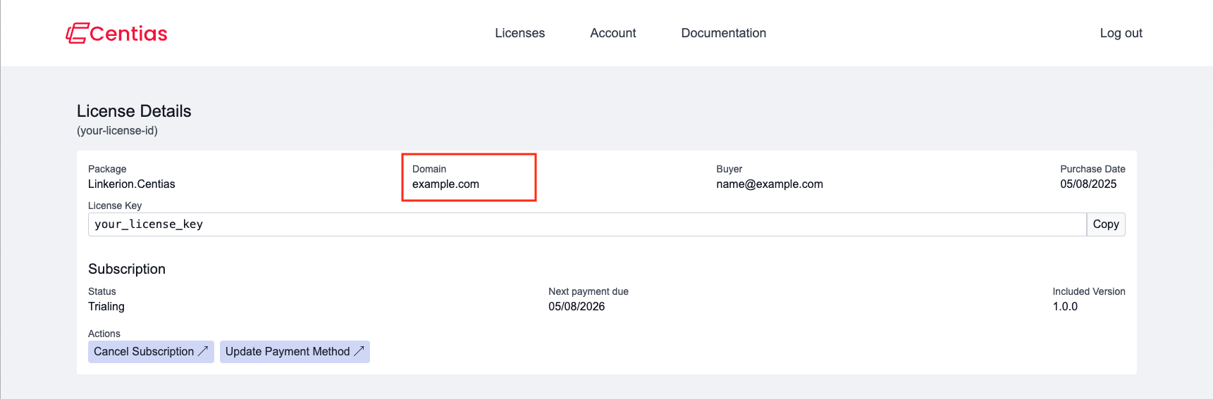 Details of your license with domain