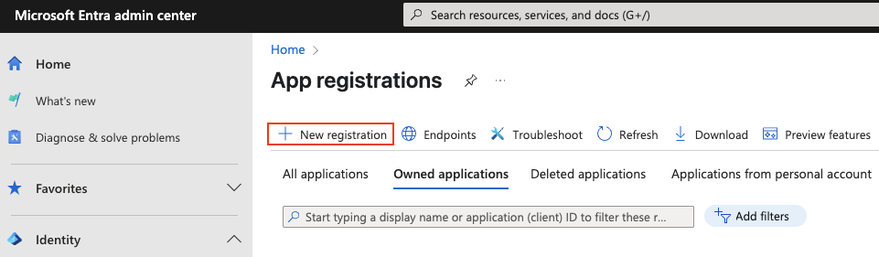 Image of initializing App registration in Entra admin center