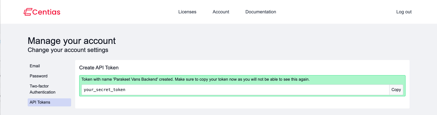 Page of created API tokens