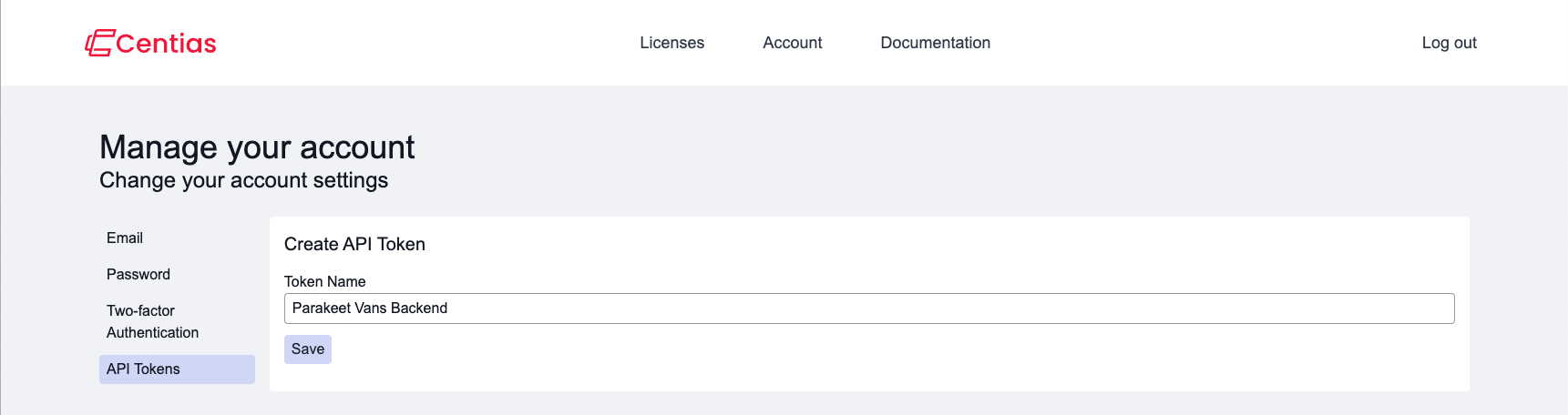 Page to generate API token