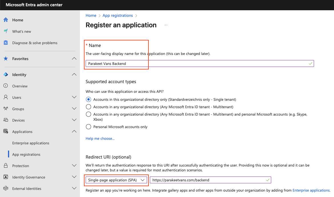 Image of filling out App registration